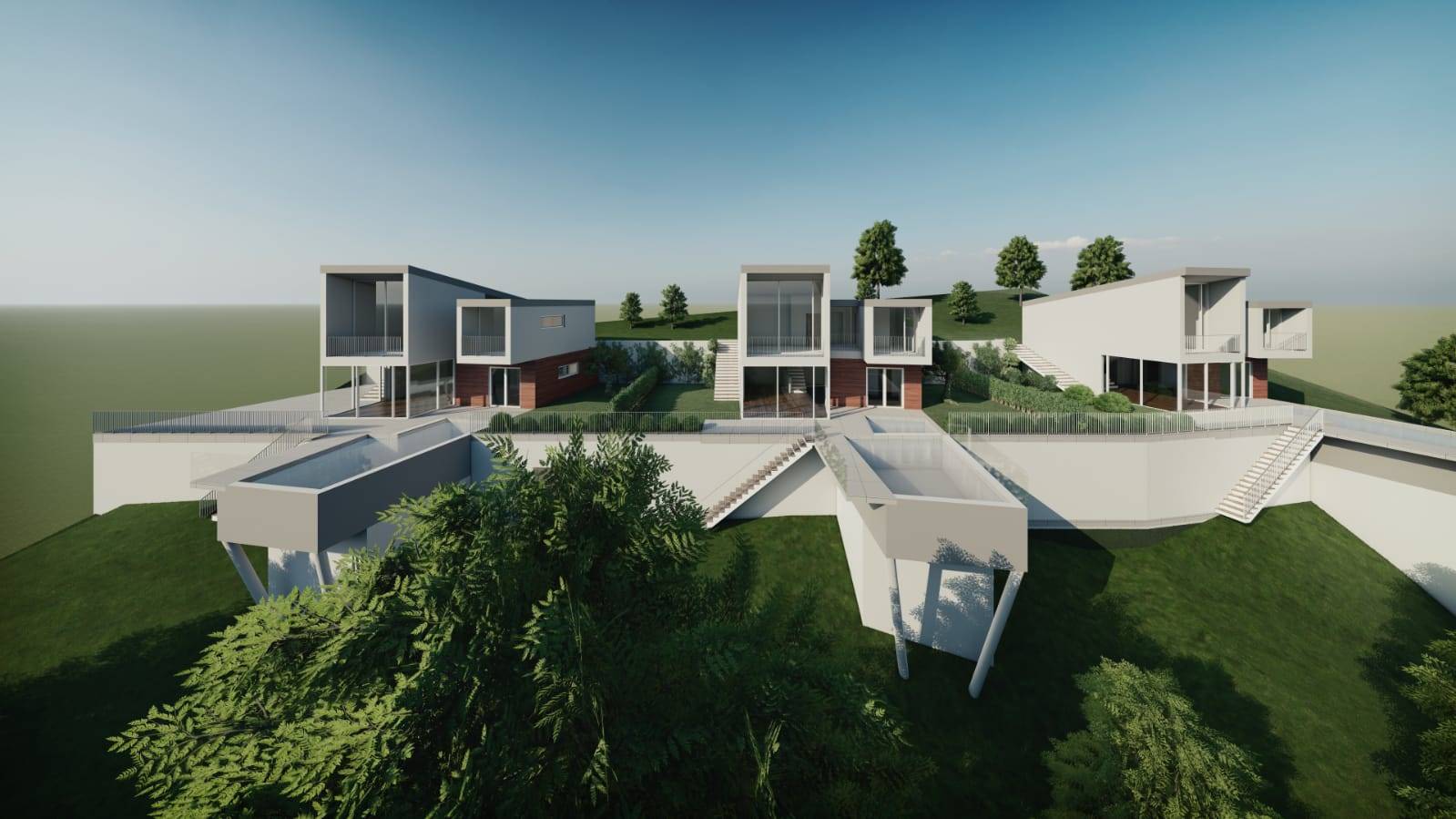 Proponiamo a Soiano del Lago nuove ville moderne con piscina con consegna prevista entro fine 2022 in una lottizzazione di tre unità. Le ville sono 