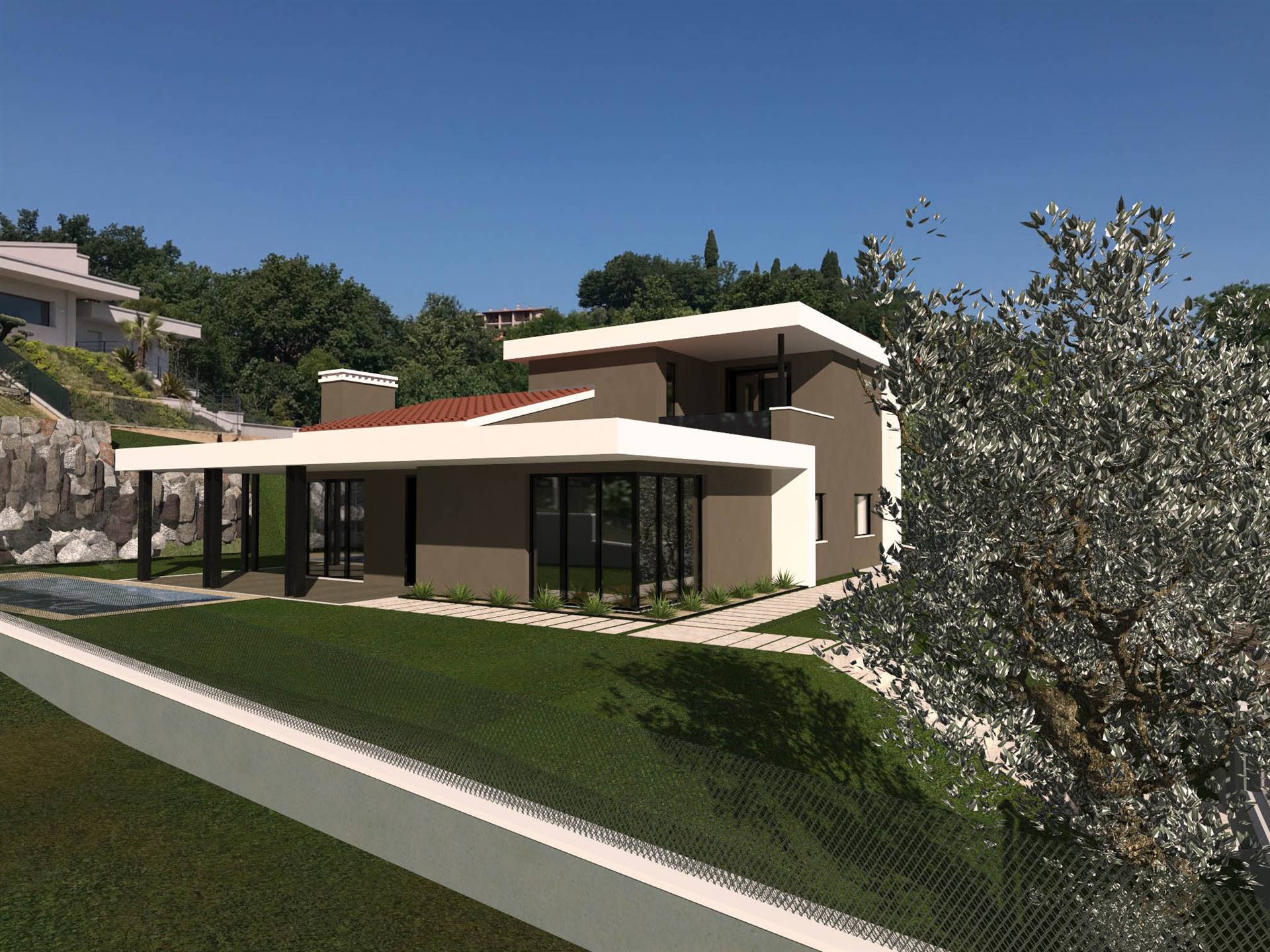 Soiano del Lago, schlagen wir neu gebaute Villa in einem Kontext von nur Villen und umgeben von den Valtenesi Hügeln. Das Grundstück, wo es gebaut 